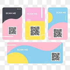 three credit cards with qr code on them, one is pink and the other is blue