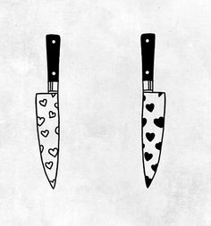 two knives with hearts on them are shown in black and white, one is holding a knife