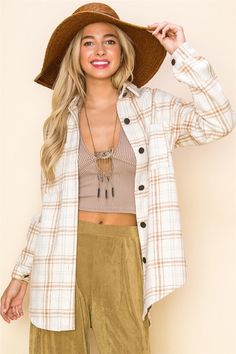 Meet the Rocky Mountain Plaid Jacket in beige and brown! So comfy + cozy. That relaxed + loose fit that is so effortlessly flattering. Think, Free People vibes. Throw it on over anything to up-level and add the coolest vibe. Yep, you'll be living in it all season long! There's not a big difference between the small, medium and large. - Styled with our Santa Fe Hat in Taupe -Cool girl vibes-The coolest plaid pattern we've ever seen-Prettiest colorway-- warm + cool tones of beige + brown-So warm + Trendy Beige Long Sleeve Shacket, Trendy Beige Shacket With Pockets, Cozy Neutral Top For Fall, Beige Tops For Fall Day Out, Beige Top For Fall Day Out, Beige Top For Day Out In Fall, Trendy Khaki Shacket For Fall, Casual Khaki Shacket For Fall, Trendy Beige Shacket For Spring