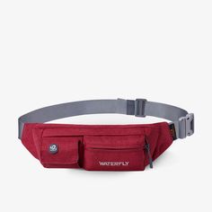 a red fanny bag with the words waterfly printed on it's front pocket