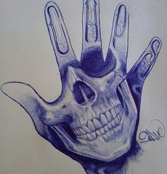 a drawing of a skeleton hand with scissors in it's middle and two fingers out