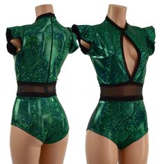 This elegant romper is made of our Green Kaleidoscope holographic spandex, with a keyhole neckline, flip sleeves, and a siren cut leg. It also features a mesh waist panel, black mesh trim,  and a zipper in back.   This item is made to order. Ships out within 5 days of purchase.   Womens Sizing (See below for instructions on where measurements should be taken) XXS: Bust 29"-30" / Waist 22"-23" / Hips 30"-32" Extra Small: Bust 31"-32" / Waist 24"-25" / Hips 33"-35" Small: Bust 33"-34" / Waist 26"- Party Stretch Jumpsuits And Rompers With Short Sleeve, Party Stretch Short Sleeve Jumpsuits And Rompers, Short Sleeve Stretch Jumpsuits And Rompers For Party, Stretch Short Sleeve Jumpsuits And Rompers For Party, Green Stretch Bodysuit For Party, Green Club Bodysuit, Green Rave Bodysuit For Party, Rave Party Stretch Bodysuit, Rave Stretch Bodysuit For Party