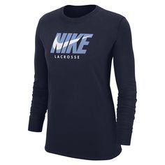 Find NIKE Lacrosse Long-sleeve T-shirt on Editorialist. It's your game. Make sure everybody knows with this classic lacrosse long-sleeve. Product Details:100% cotton. Machine wash. Imported. Style: W12103NKLX392; Color: College Navy; Size: XL; Gender: Female; Age Group: Adult | Nike Women's Lacrosse Long-Sleeve T-Shirt in Blue, Size: XL | W12103NKLX392-41S Lacrosse Mom Shirts, College Lacrosse, Women's Lacrosse, Lacrosse Mom, Long Sleeve Swim, Nike Short, Nike Long Sleeve, Blue Nike