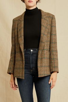 Tan Blazer Outfits Women Work, Wool Blazer Outfit Women, Writer Style, Tweed Blazer Outfit, Green Plaid Blazer, Tan France, Tweed Blazer Women, Teal Plaid, Blazer Outfits For Women