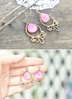 two pictures of earrings with pink stones and gold filigrees, one in the middle