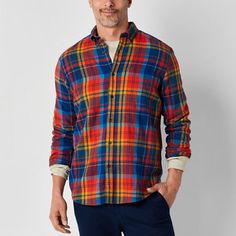 This men's shirt from St. John's Bay is tailored from soft cotton-flannel patterned with classic checks. Cut for a classic-fit; this button-down has a stay-in-place button collar, front patch pocket, and a curved hem for easy layering-team yours over a tee with jeans.Closure Type: ButtonFit: Classic FitNeckline: Collar NeckPockets: 1 Chest Slip PocketSleeve Length: Long SleeveSleeve Style: Cuffed SleeveApparel Length: 31 Inches - BackFiber Content: 100% CottonFabric Description: FlannelCollar: B Flannel Shirts, Long Sleeve Flannel, Cotton Flannel, Shirt Color, Patch Pocket, Shirt Shop, Shirts Tops, Checks