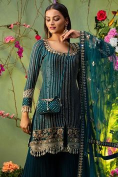 Shop for Miku Kumar Green Georgette Embellished Kurta And Gharara Set for Women Online at Aza Fashions Net Embroidery, Sharara Suits, Sequin Embellishment, Embellished Neckline, Scallop Hem, Straight Kurta, Sequins Embroidery, Mirror Work, Indian Design