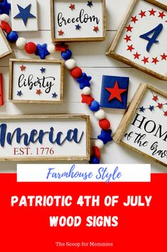 patriotic decorations are displayed on a white wooden background with red, white and blue accents