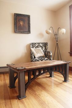 a wooden table sitting on top of a hard wood floor