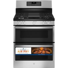 two ovens side by side with an air fry sticker on the top and bottom