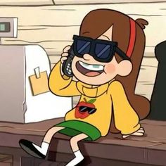 a cartoon character sitting on a counter talking on a cell phone and smiling at someone else