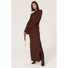 Brown rib knit (65% Rayon, 35% Nylon). Sweater sheath. Mock neck. Long sleeves. Pull-on. 54.5" from shoulder to hemline. Imported. High Neck Ribbed Workwear Dress, High Neck Ribbed Dress For Work, Brown Ribbed Stretch Sweater Dress, Chic Long Ribbed Sweater Dress, Stretch Ribbed Brown Sweater Dress, Brown Stretch Ribbed Sweater Dress, Ribbed Stretch Dresses For Fall, Stretch Ribbed Dresses For Fall, Chic Sweater Dress With Ribbed Neckline For Fall