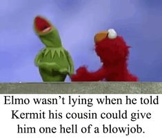 an image of two sesame characters talking to each other with the caption elmo was't lying when he told kermit his cough could give him one hell of a blowjo