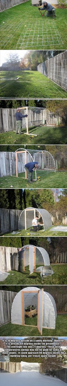 four different views of an outdoor area with grass and fenced in areas, including the back yard