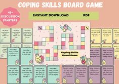 the coping skills board game is shown in pink and blue with an image of a cartoon character