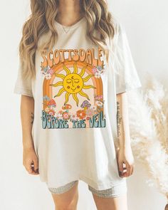 This retro, hippie inspired Scottsdale Bachelorette Party shirt is a great way to celebrate your girls trip to Scottsdale (before the veil)! These shirts are super soft and lightweight, perfect for those hot temps! Order up for an oversized look! Each shirt is custom made at the time you order it. Please see below for current delivery times. SIZE: ❤ This is a regular unisex tshirt. For women, if you like a relaxed fit, I recommend you order your normal size. For an oversized look, select 1-3 siz 1st Grade Outfits, Prek Teacher Shirts, Scottsdale Bachelorette Party, Third Grade Teacher Shirts, Kindergarten Teacher Shirts, Auntie Shirts, New Aunt, Pregnancy Announcement Gifts, Aunt Shirts