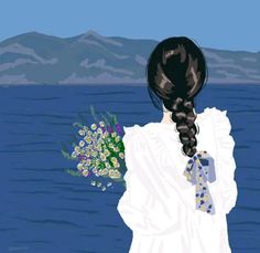 a painting of a woman holding a bouquet of flowers looking out at the water with mountains in the background