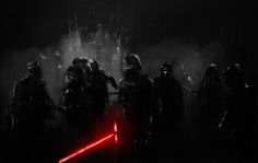 star wars characters standing in the rain with their lights on and one person holding a red light saber