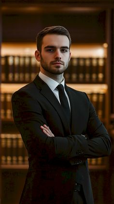 a man wearing a suit and tie standing in front of bookshelves with his arms crossed