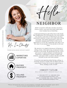 a flyer for a real estate agent with an image of a smiling woman in the background