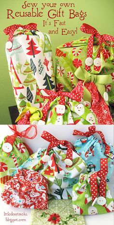 christmas presents are stacked on top of each other with the words, reusable gift bags it's fast and easy