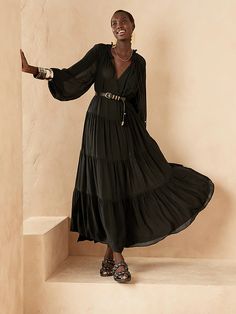 Tiered Maxi Dress | Banana Republic Black White Maxi Dress, Beautiful Black Dresses, Maxi Dress Collection, Girls Maxi Dresses, Maxi Outfits, Paisley Maxi Dress, Halter Top Dresses, Ruffled Neckline, Pleated Maxi Dress