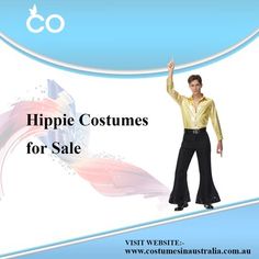 a man in gold shirt and black pants standing next to an american flag background with the words hippie costumes for sale