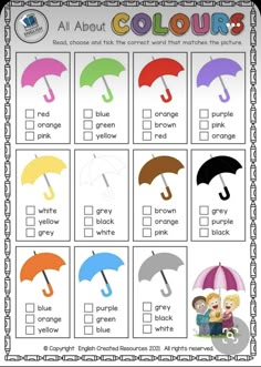 an all about colors printable worksheet with umbrellas and check boxes on it