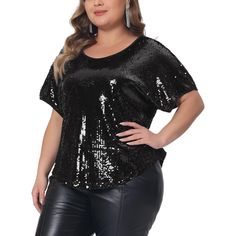 Get ready to dazzle in this Allover Sparkle Sequin Glitter Short Sleeve Dressy Party Club Night Blouse Top, designed for plus size women who want to shine at any event. The round neck and short sleeves add a touch of elegance to this top, making it perfect for any occasion. Pair it with favorite leggings or wear it with a cocktail dress for a more formal look. The sequin glitter adds a touch of interesting to this top, making you the center of attention. Say goodbye to boring tops and welcome to Disco Halloween, Tunic Tops For Leggings, Glitter Shorts, Personal Things, Tops Short Sleeve, Plus Size Brands, Club Night, Elastic Fabric, Hem Style