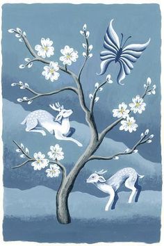 an image of a tree with flowers and animals in the branches on blue sky background