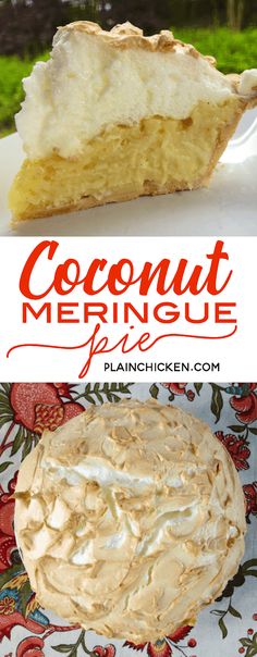 coconut meringue pie on a plate with the words coconut mering cake over it