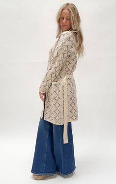 Diamond Jacquard Belted Cardigan - Wedges And Wide Legs Boutique Elegant Beige Winter Cardigan, Beige Jacquard Knit Long Sleeve Outerwear, Elegant Cream Winter Cardigan, Elegant Jacquard Knit Sweater, Elegant Jacquard Knit Cardigan For Winter, Elegant Jacquard Knit Cardigan For Work, Elegant Beige Cardigan For Workwear, Elegant Beige Cardigan For Work, Elegant Beige Knit Outerwear