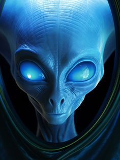 an alien with glowing blue eyes looks into the camera