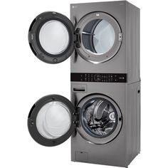 two washers and a dryer stacked on top of each other in front of a white background