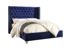 the measurements for a bed frame and headboard are shown in blue velvet with studding