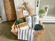 a basket filled with personal items on top of a wooden floor