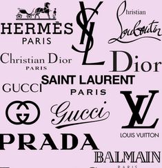 several different types of font and numbers on a pink background with the words prada, louis vuitton, paris, christian dior, saint laurent, gubert, gucci, gucci