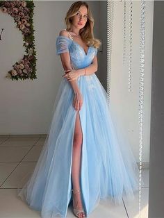 Blue Tulle Prom Dress, Prom Dresses Off The Shoulder, Dresses Off The Shoulder, Chic Evening Dress, Light Blue Prom Dress, Blue Dress Formal, Lace Prom Dress, Blue Tulle, Custom Size Dresses