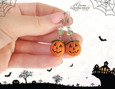 Halloween earrings gift Halloween jewelry gift Pumpkin earrings Pumpkin jewelry Orange pumpkin earrings gift Pumpkin polymer clay earrings 🎃 Pumpkin earrings will complement your image for Halloween  🎃 These earrings will be the perfect Halloween gift! Each pumpkin was hand sculptured from polymer clay without using any mold. I used high quality polymer clay. Length with hooks is about 5cm/1,77  inches Diameter pumpkin is about  1,4 cm/0,55 inches ✿ THESE EARRINGS ARE READY TO SHIP! ✿ Real colors may slightly differ from one monitor to another, as it depends on specific monitor settings. ✿All my jewelry packed in a gift box ♥ Thank you for visiting my shop.♥ *To see more items please click here: http://etsy.me/2nnrK5N *Before shopping, don't forget to read my Policies: http://etsy.me/2ns Image For Halloween, Blue And White Earrings, Blue Bridal Earrings, Pumpkin Jewelry, Image Halloween, Hand Sculpture, White Pearl Earring, Pumpkin Earrings, Packing Jewelry