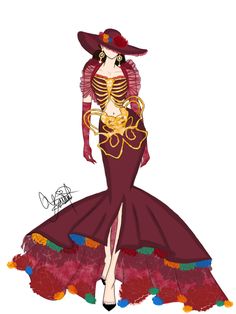 a drawing of a woman in a red dress with a skeleton on it's head