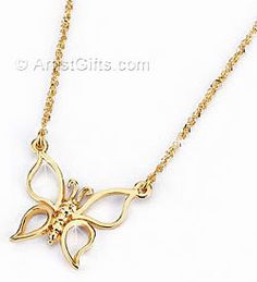 Gold Butterfly necklace with open design in 14k yellow gold. Made in the U.S.A. Formal Butterfly Charm Fine Jewelry, 14k Gold Butterfly Jewelry For Formal Occasions, Formal Butterfly Charm Pendant Jewelry, Butterfly-shaped Hallmarked Jewelry For Gift, Formal 14k Gold Butterfly Jewelry, Fine Jewelry Butterfly-shaped Yellow Gold Jewelry, Yellow Gold Butterfly Charm Jewelry For Formal Occasions, Fine Jewelry Yellow Gold Butterfly, Butterfly Charm Pendant Jewelry For Anniversary