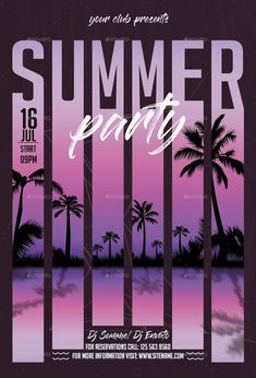 a flyer for a summer party with palm trees and the sun setting in the background