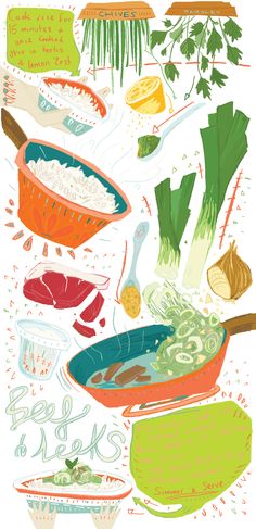 an illustration of vegetables being cooked in wok pans with chopsticks and spoons