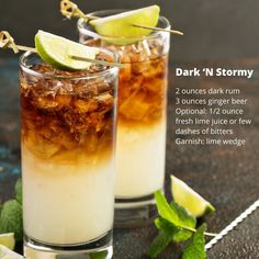 two glasses filled with dark n stormy cocktails