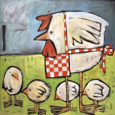 an acrylic painting of some chickens and a chicken in a box with the words tim nyburg on it