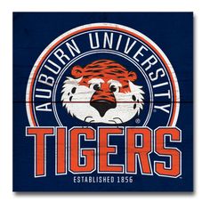 the auburn university tigers logo is painted on a blue background with orange and white stripes