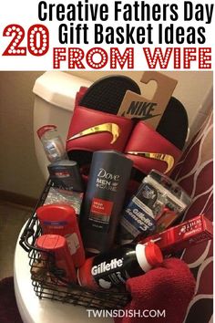 a basket filled with personal care items and the words 20 creative father's day gift ideas from wife