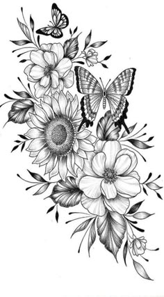 flowers and butterflies tattoo design on the back of a woman's shoulder, with one butterfly