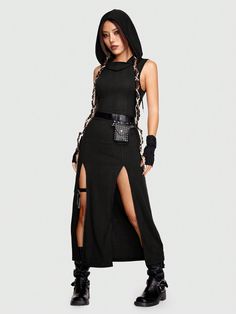 Women's High Slit Hooded Bodycon Dress Black Casual,Sexy  Sleeveless Fabric Plain Tank High Stretch  Women Clothing, size features are:Bust: ,Length: ,Sleeve Length: Cyberpunk Clothes Women, Futuristic Style Clothing, Grunge High Fashion, Star Wars Fashion Inspired Outfits, Casual Witch Outfit, Tech Wear Women, Dark Fantasy Fashion, Cyberpunk Fashion Women, Cyberpunk Dress