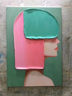 an abstract painting of a woman's head with pink and green hair